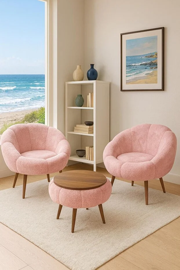 LİDA Pembe Wellsoft Peluş Kumaş İkili Berjer Seti ÖZEL SEHPALI (Salon,Balkon,Ofis)